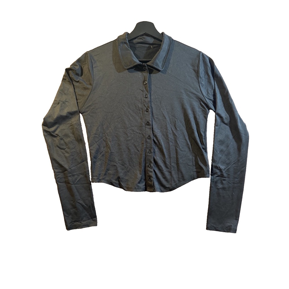 Women's Black Fitted Button Up Long Sleeve Shirt Collard Y2K Minimalist - S/M